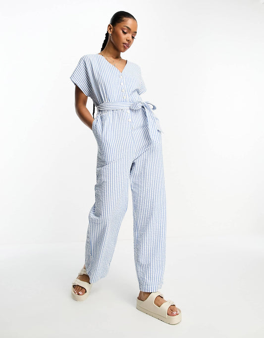 Monki tie waist poplin jumpsuit in blue and white stripe