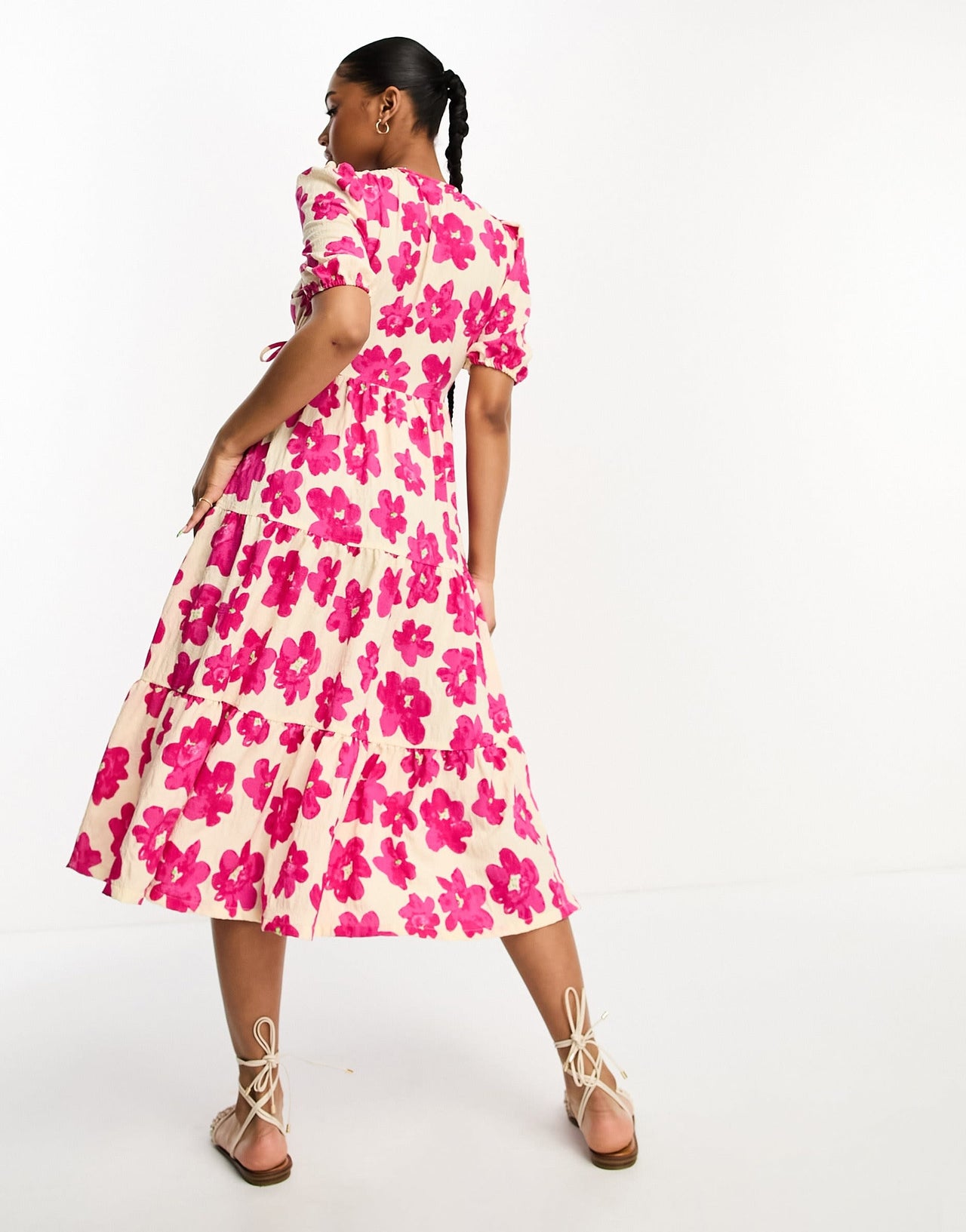 Monki tiered wrap midi dress in pink floral print