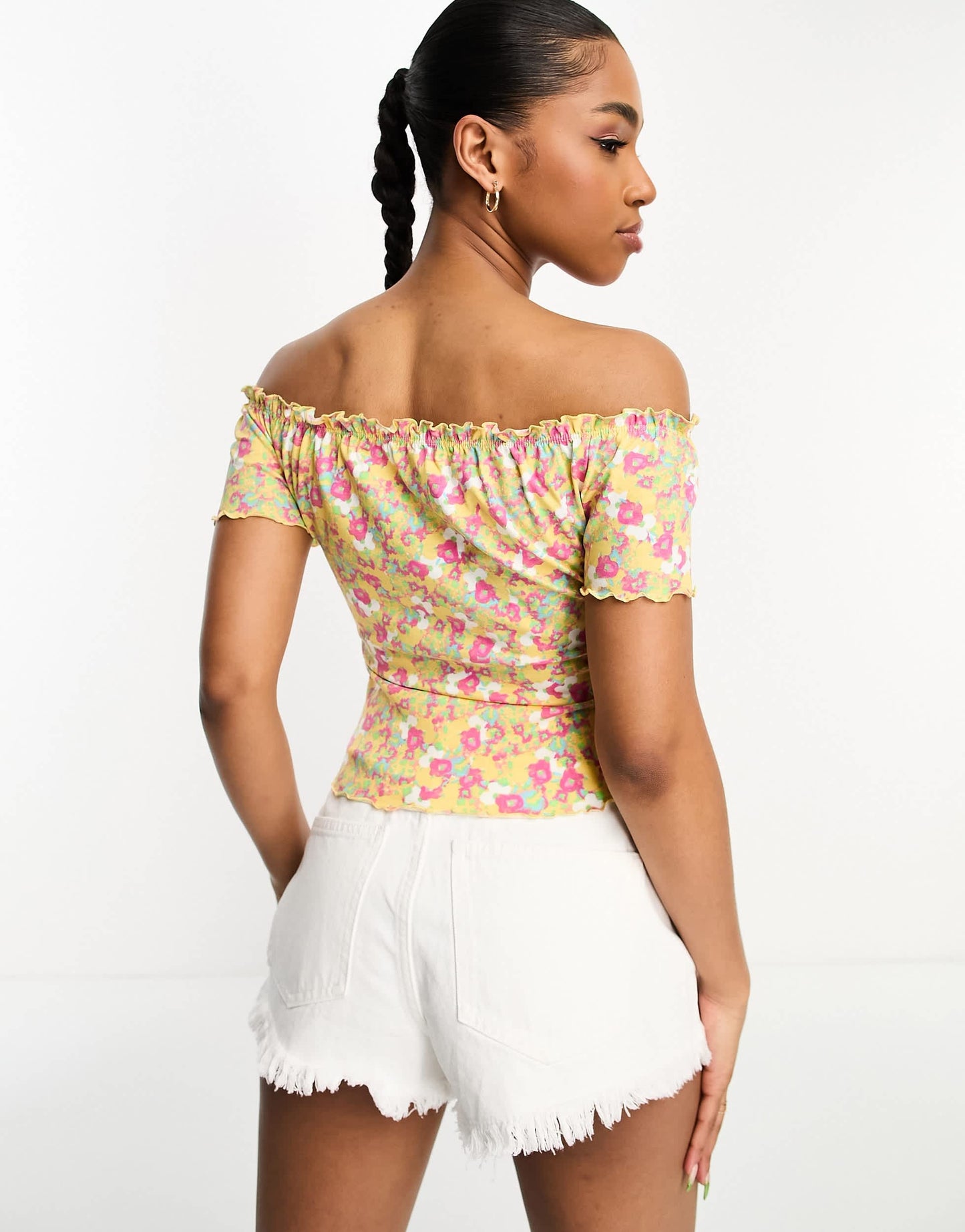 Monki gather detail off the shoulder top in yellow floral