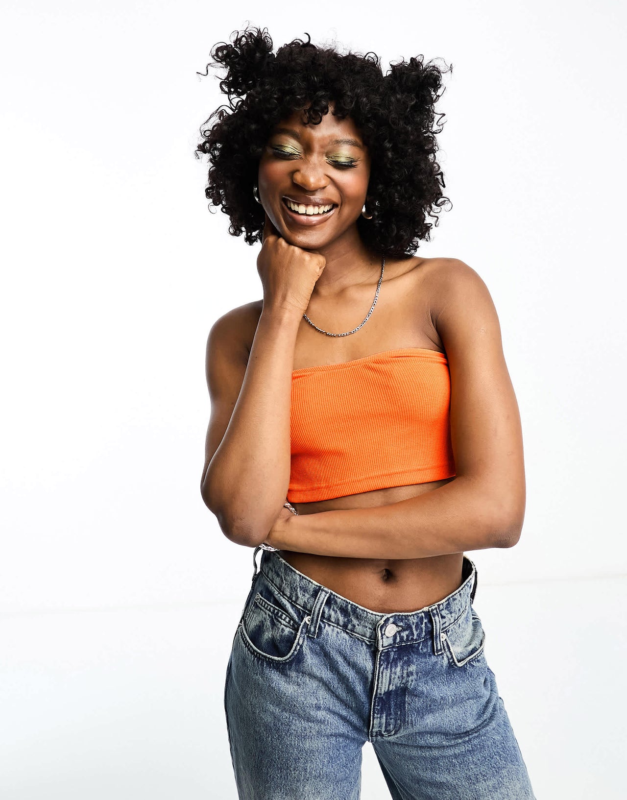 Noisy May bubble textured bandeau top in bright orange