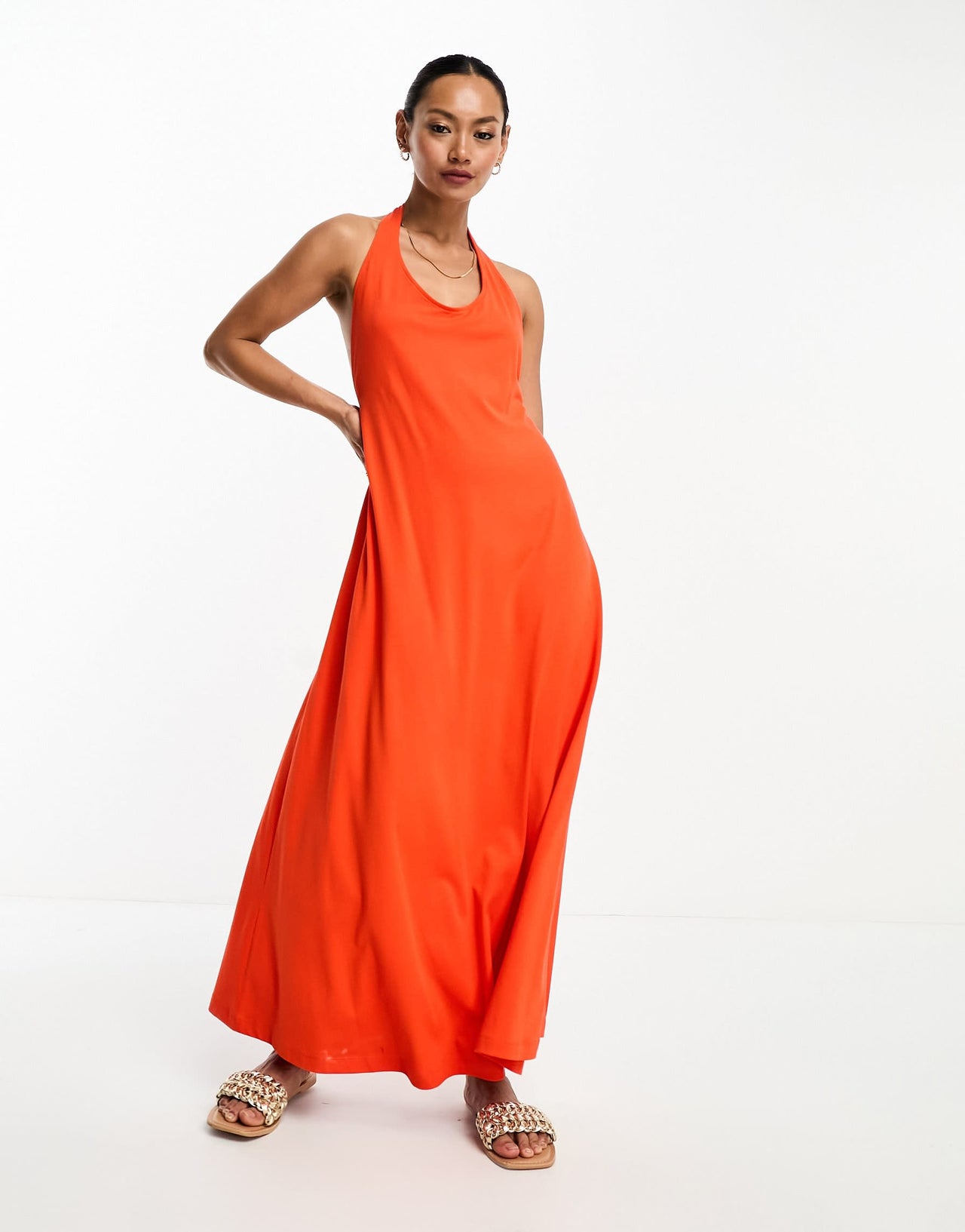 ASOS DESIGN halter neck scoop plunge modal maxi dress in tomato red