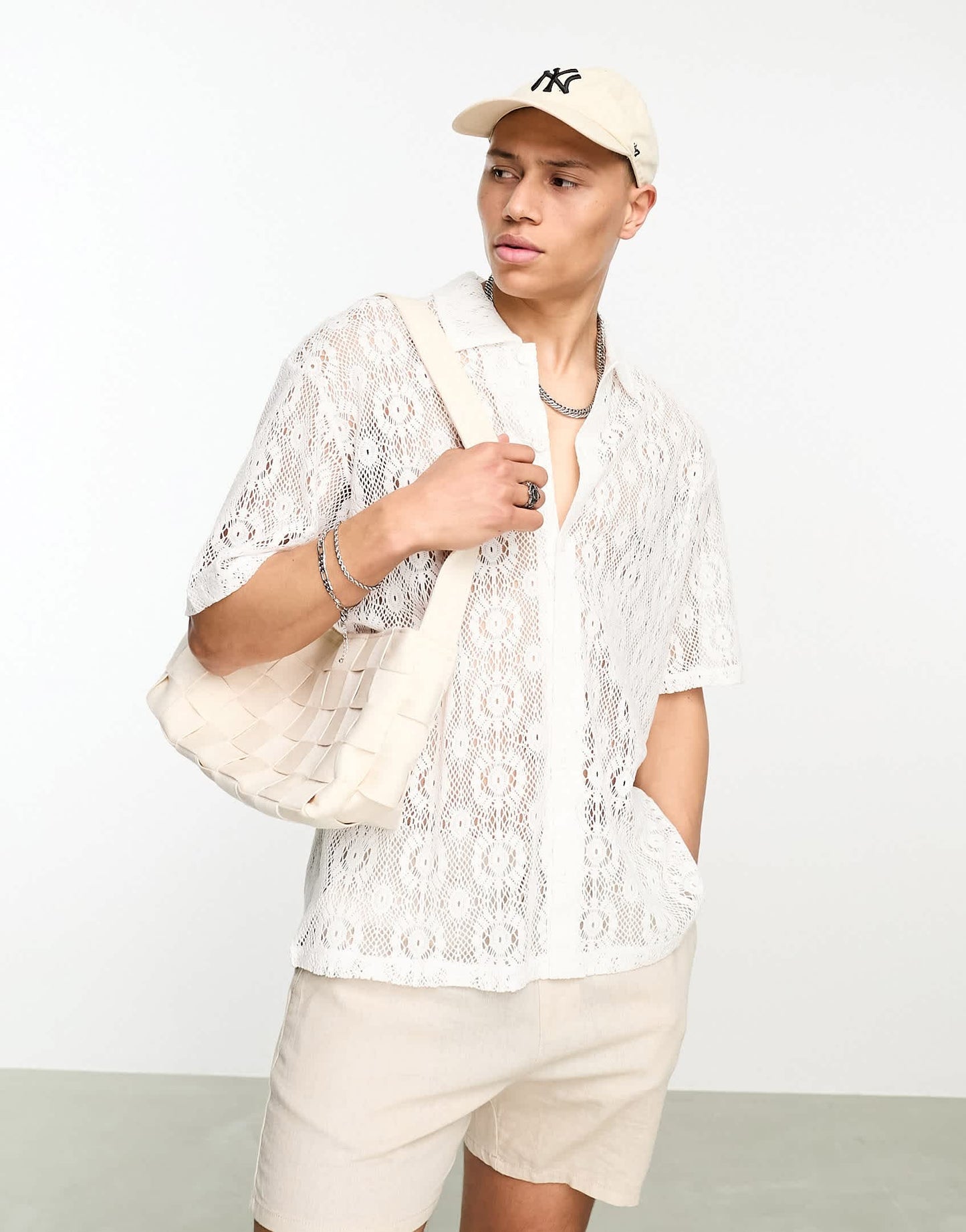 Bershka broidery knitted shirt in white