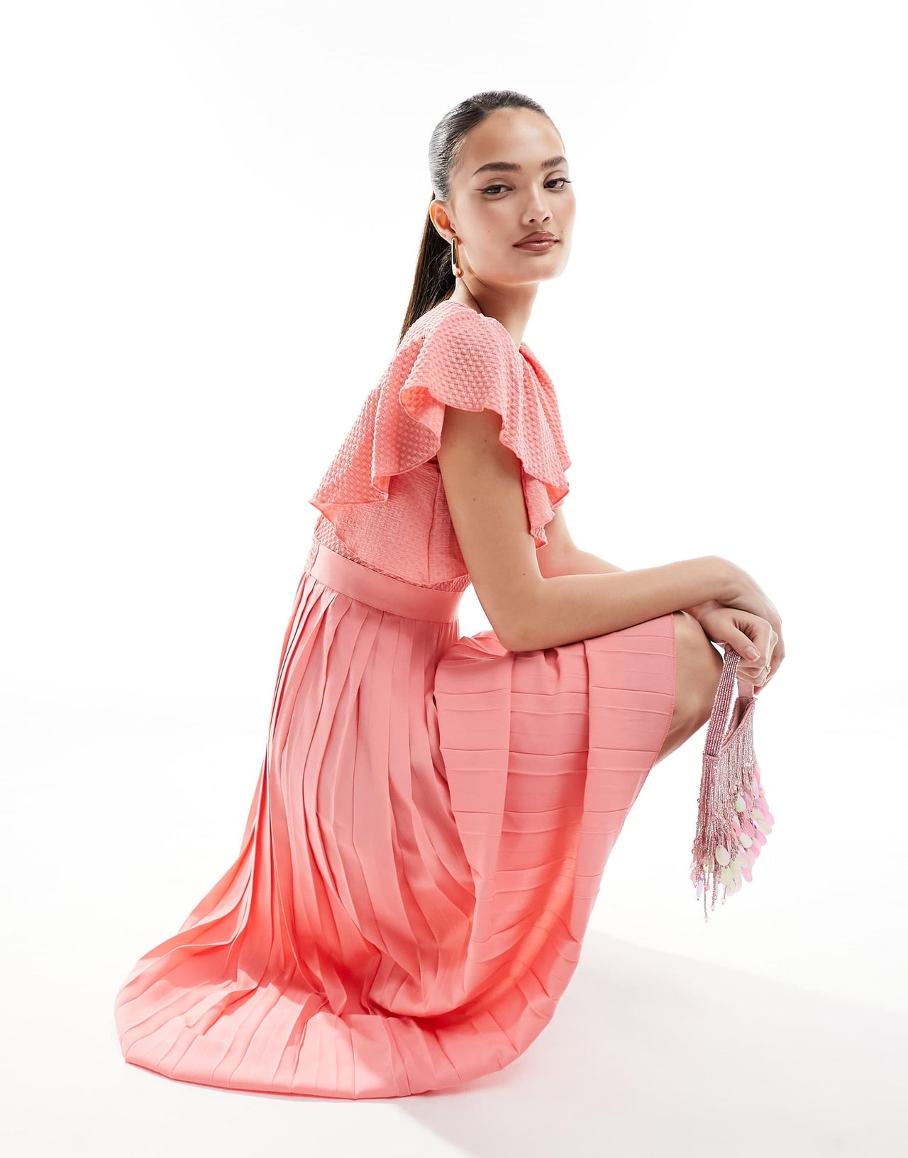 Little Mistress lace detail midaxi flutter sleeve dress in coral