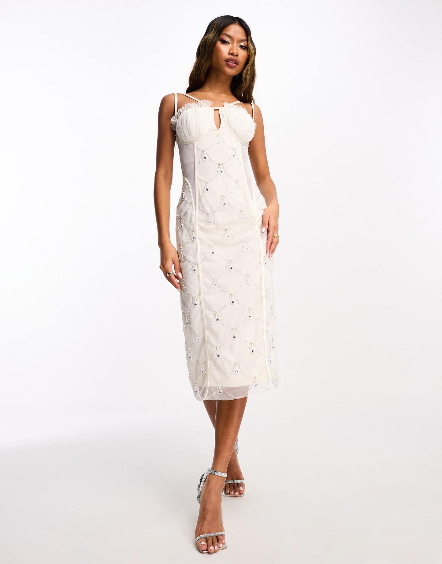 Starlet exclusive ruched cup embellished midi dress in ivory