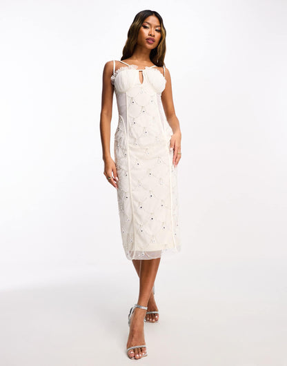 Starlet exclusive ruched cup embellished midi dress in ivory