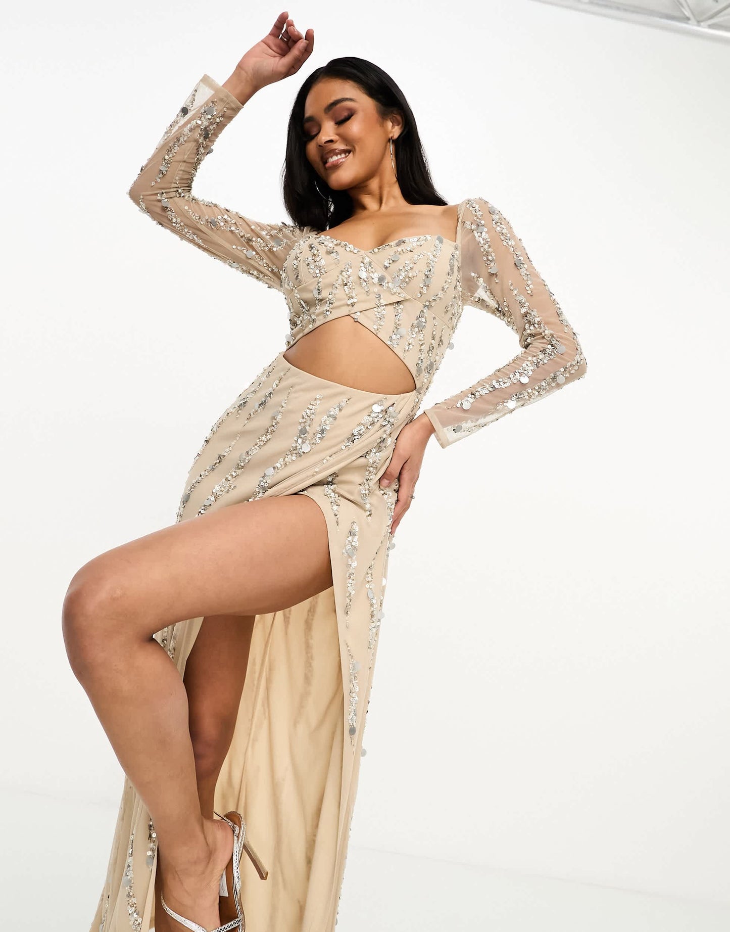 Starlet exclusive long sleeve cut-out maxi dress in champagne silver