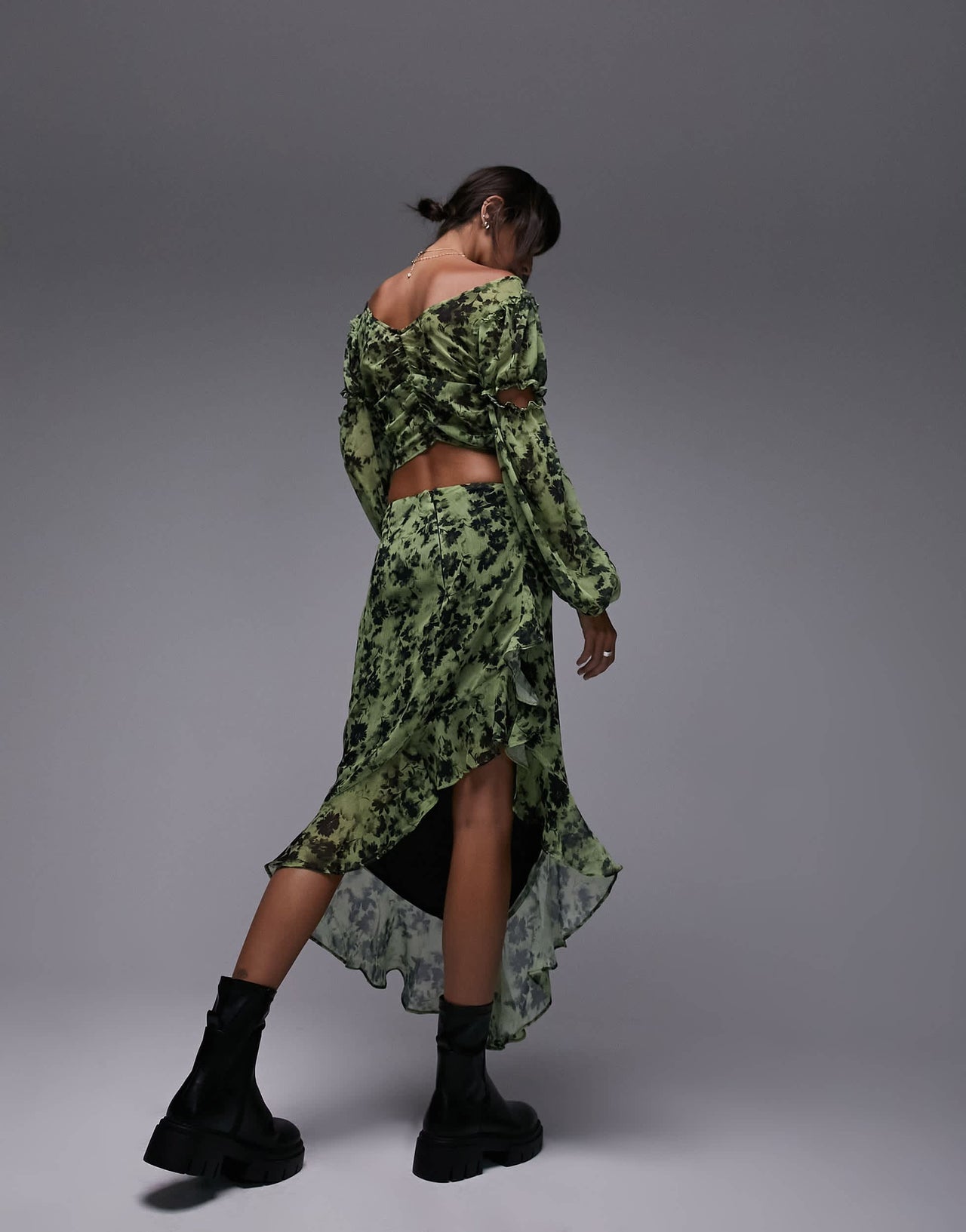 Topshop co-ord raw edge ruffle midi skirt in green floral