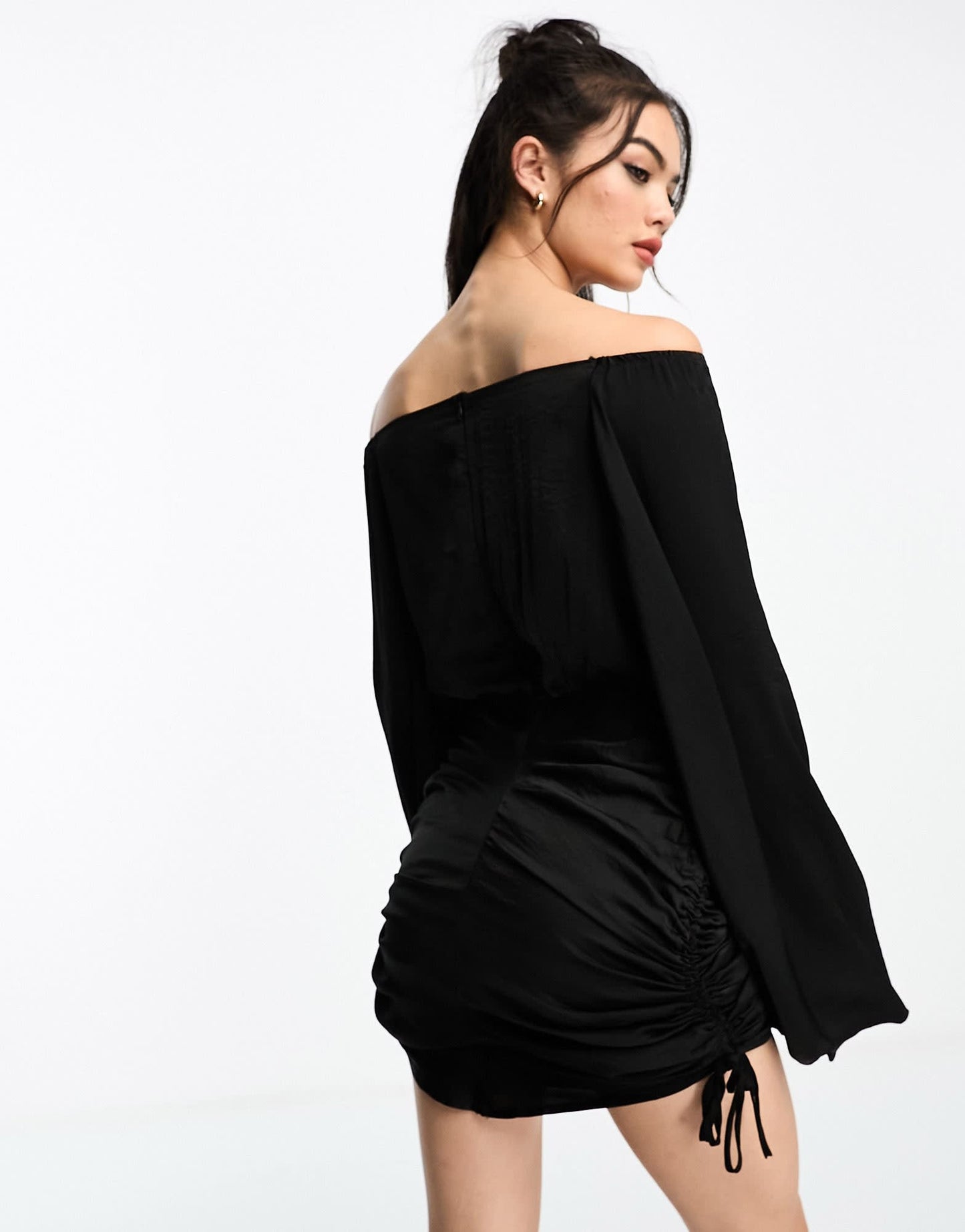 SNDYS satin bardot ruched mini dress in black
