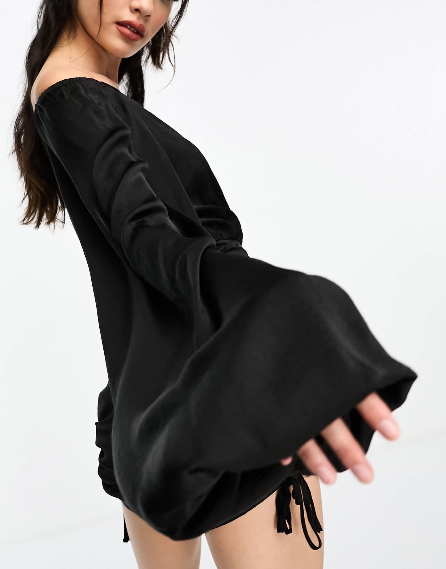 SNDYS satin bardot ruched mini dress in black