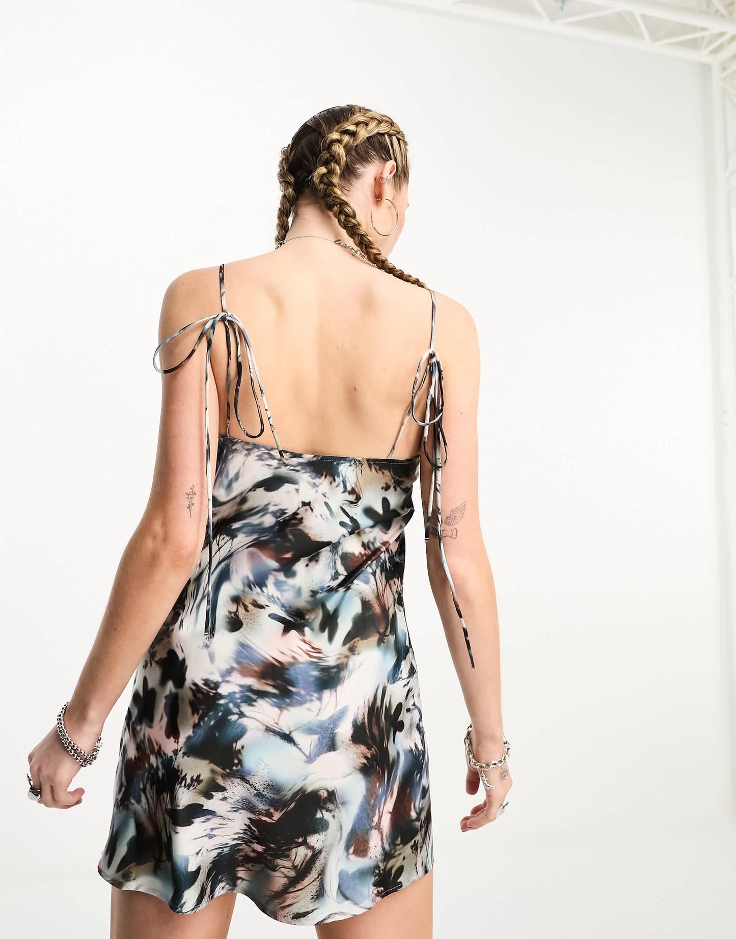 Weekday Yui mini slip dress with open back in swirl print
