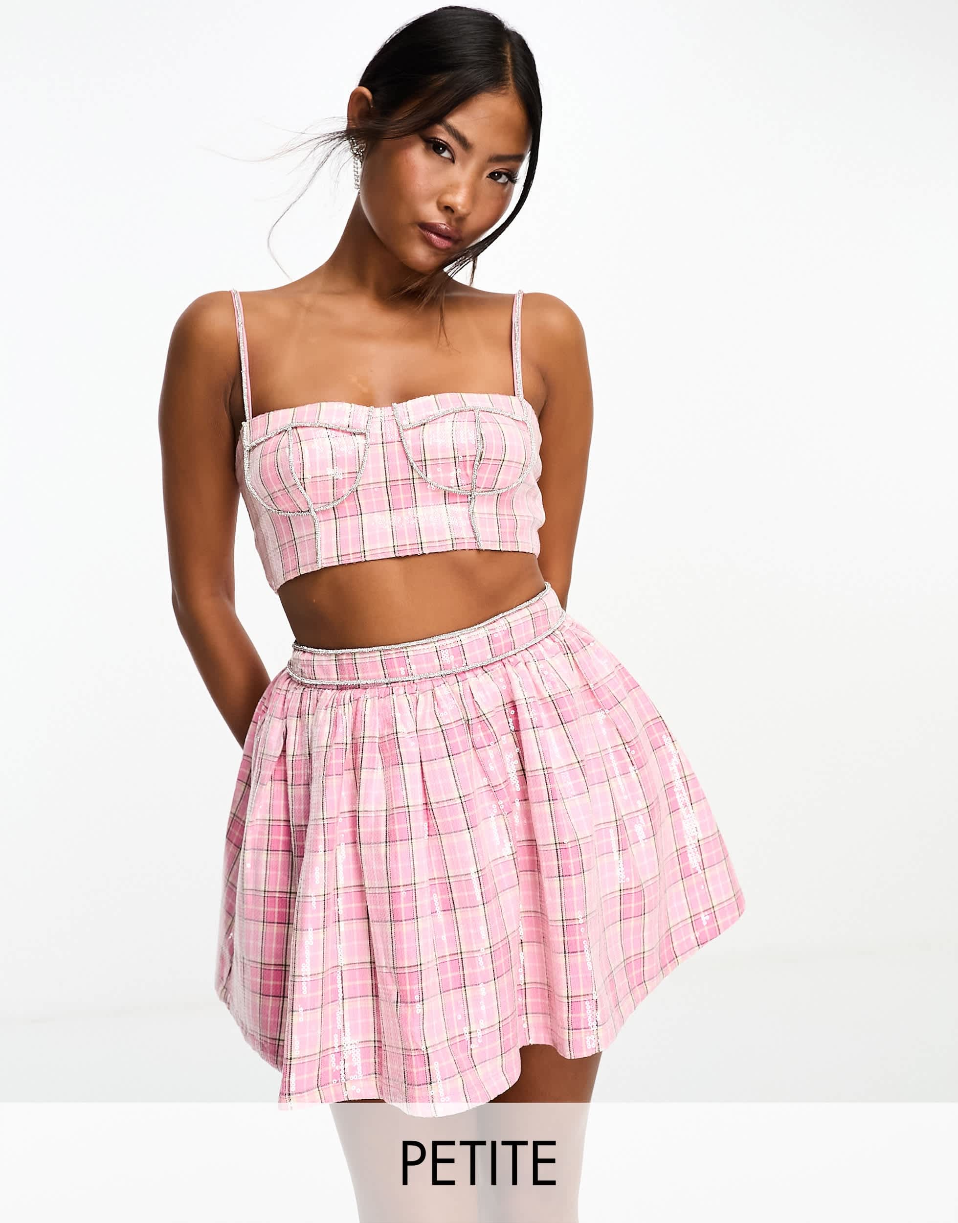 Collective the Label Petite exclusive diamante corset top co-ord in pink check sequin