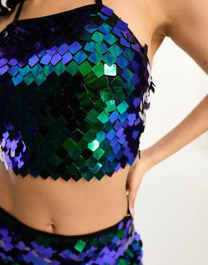 Collective the Label Petite exclusive disc sequin crop top in cobalt mix