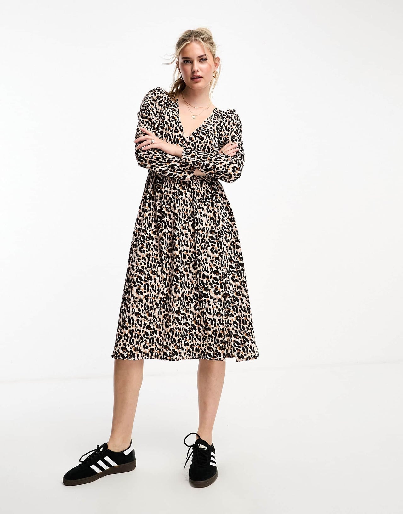 Monki long sleeve mini with button front detailing in brown animal print