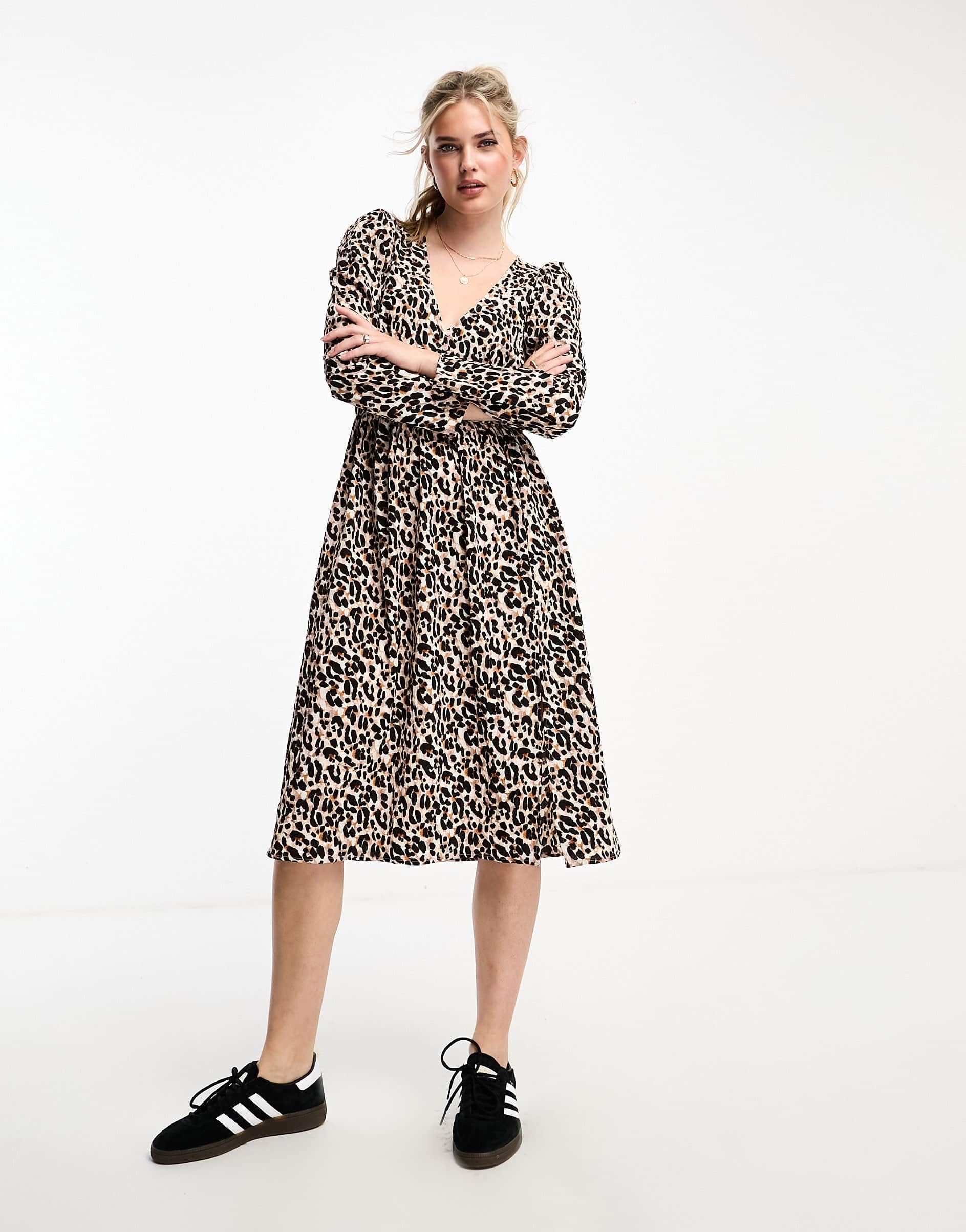 Monki long sleeve mini with button front detailing in brown animal print