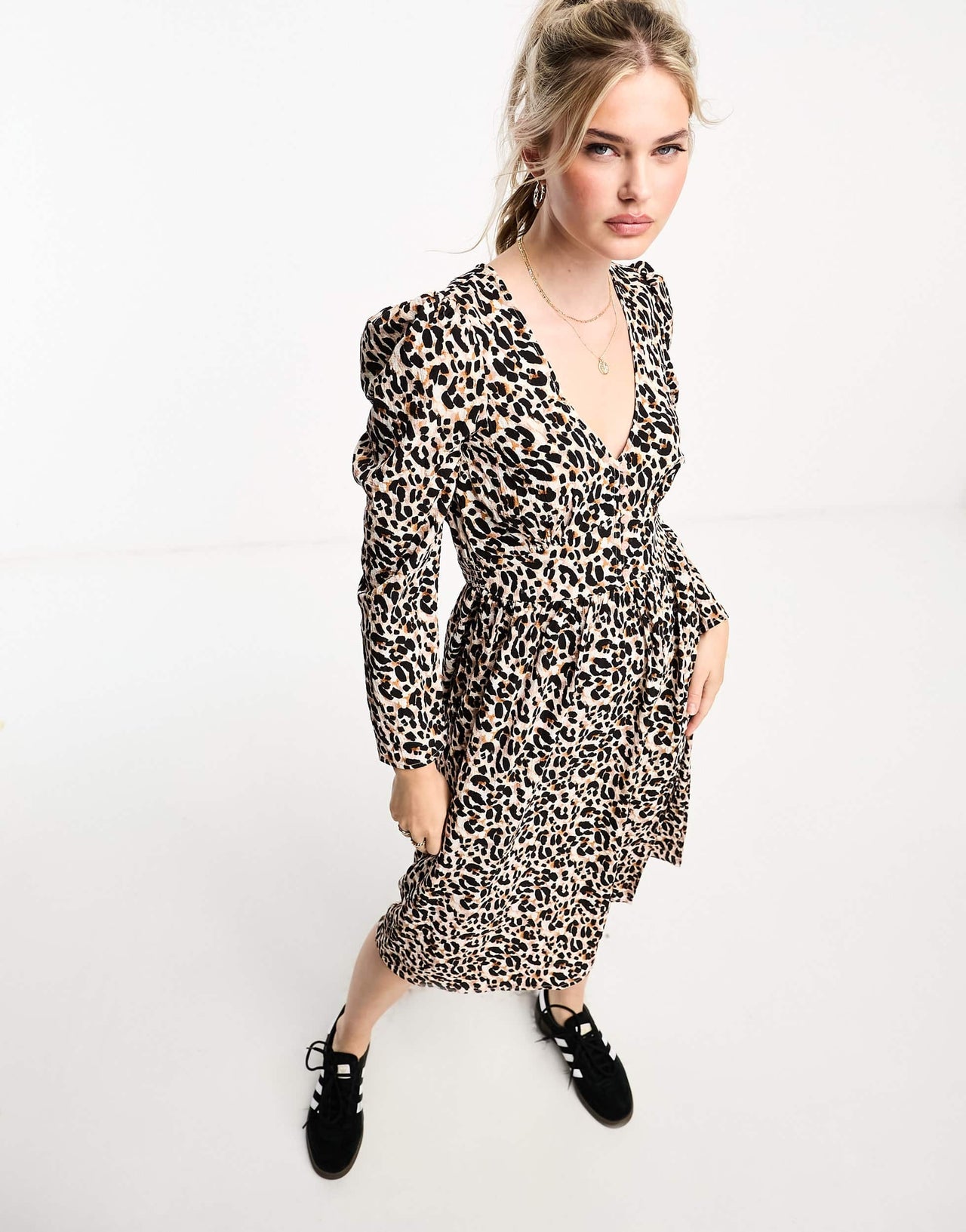 Monki long sleeve mini with button front detailing in brown animal print