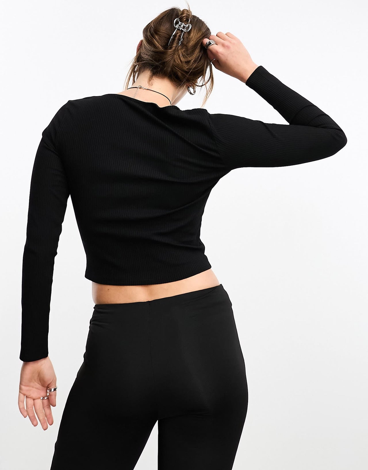 Monki long sleeve cropped top in black