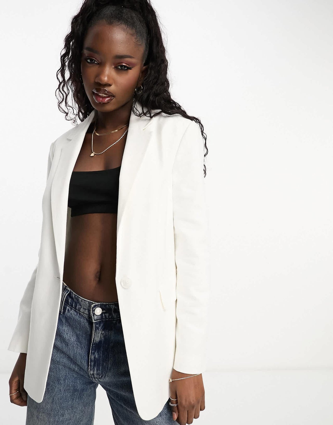 Stradivarius oversized linen blazer in white