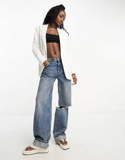 Stradivarius oversized linen blazer in white