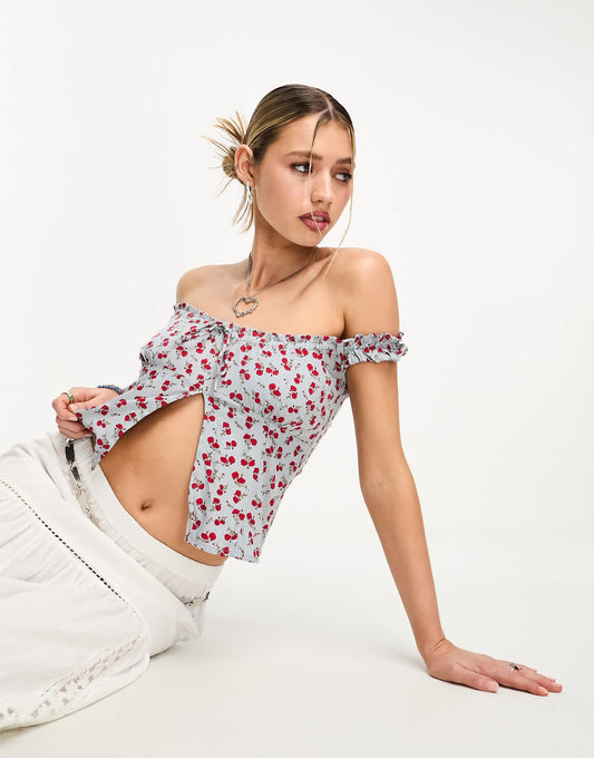 Motel floral print split fron bandeau top in baby blue