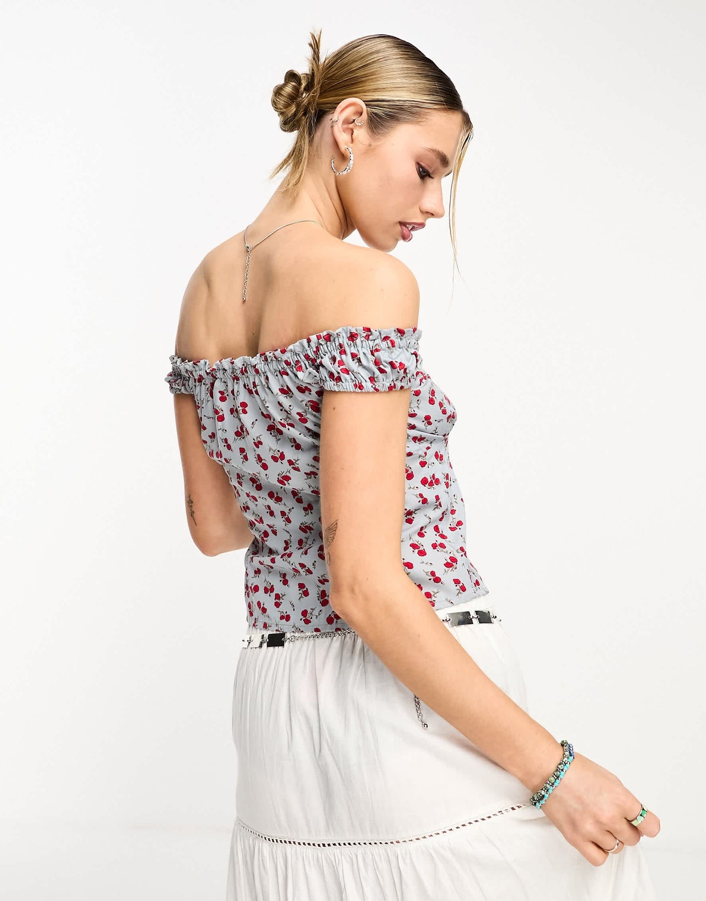 Motel floral print split fron bandeau top in baby blue