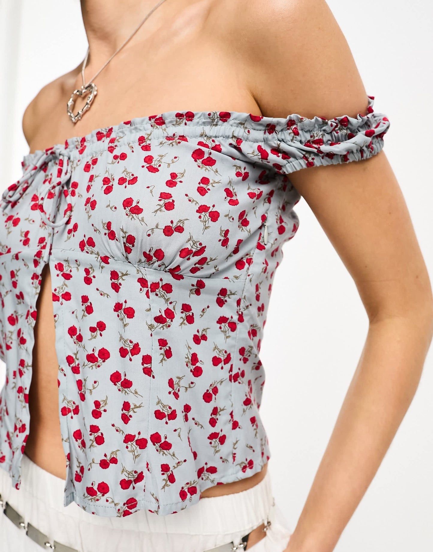 Motel floral print split fron bandeau top in baby blue