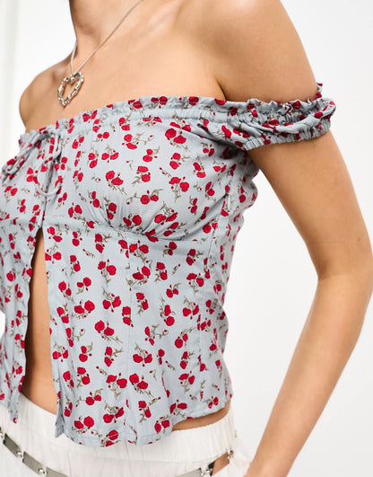 Motel floral print split fron bandeau top in baby blue