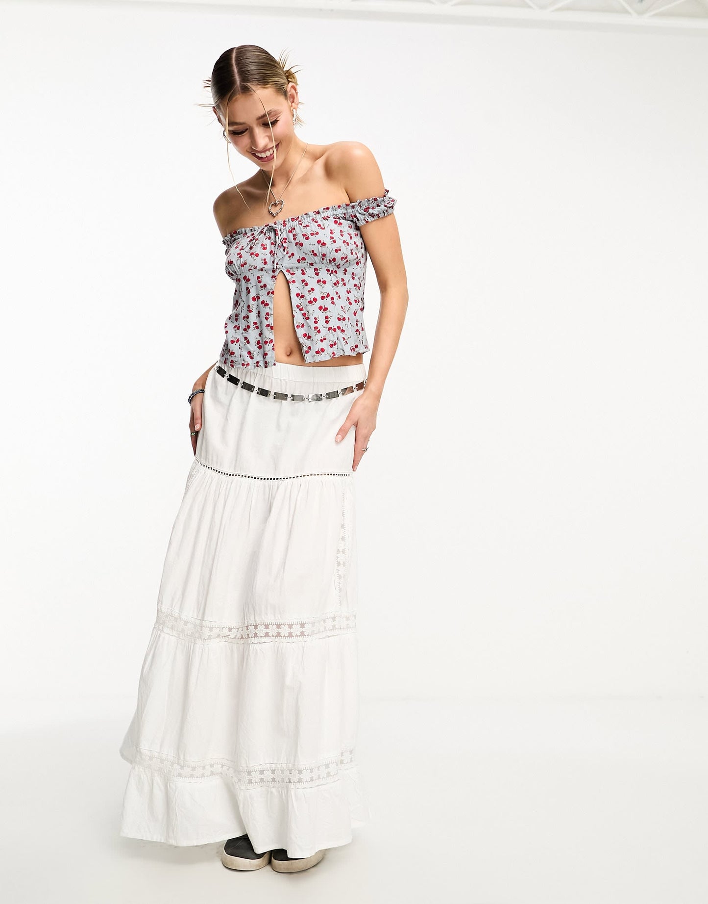 Motel floral print split fron bandeau top in baby blue