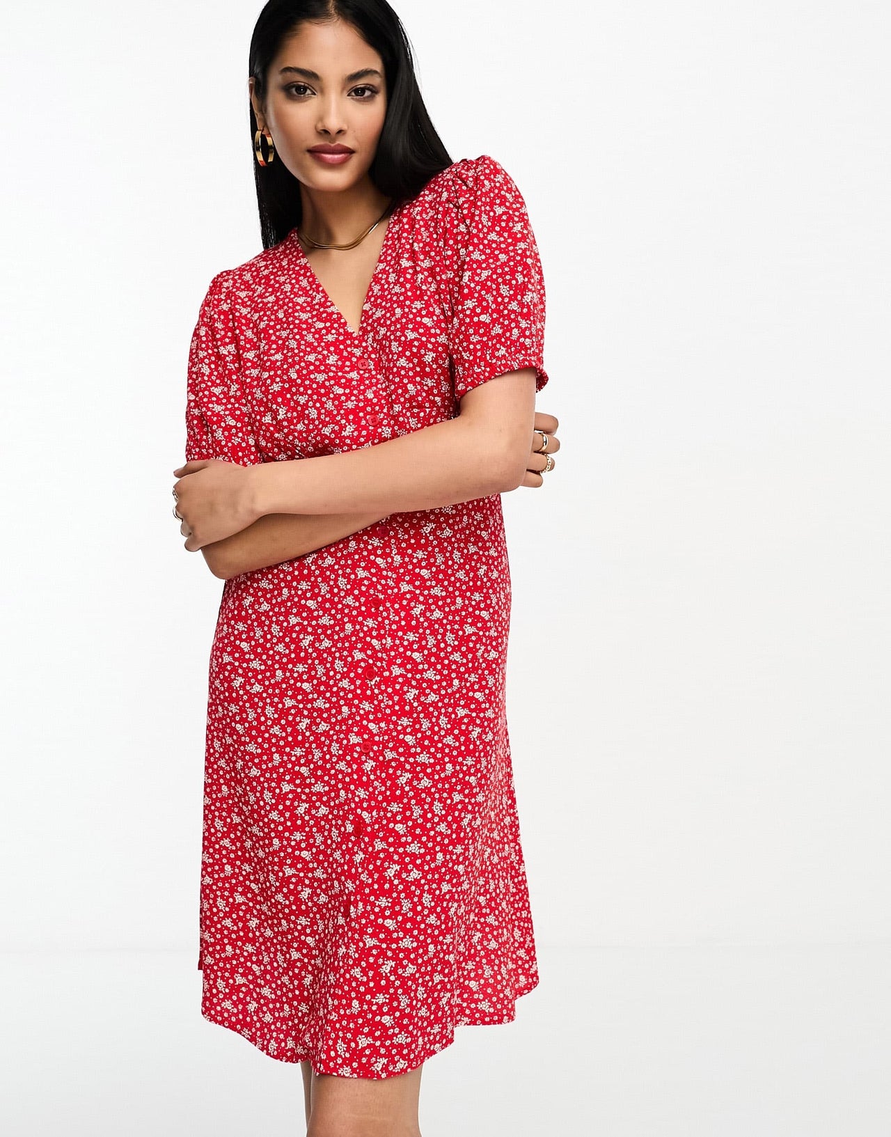 & Other Stories button through mini dress in red floral