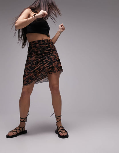 Topshop ruched animal print asymmetric mini skirt in multi