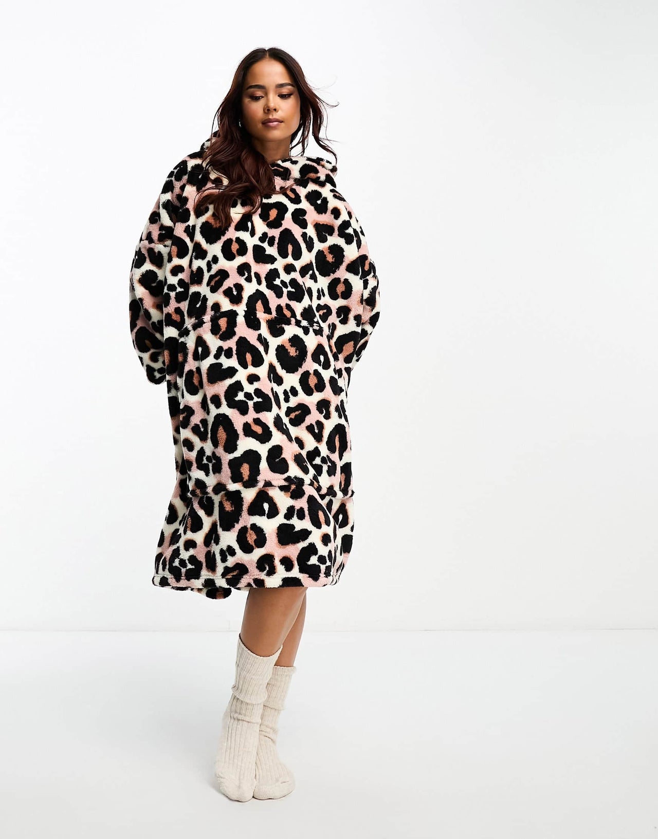 Loungeable soft touch leopard print 1/4 zip hoodie lounge set in brown