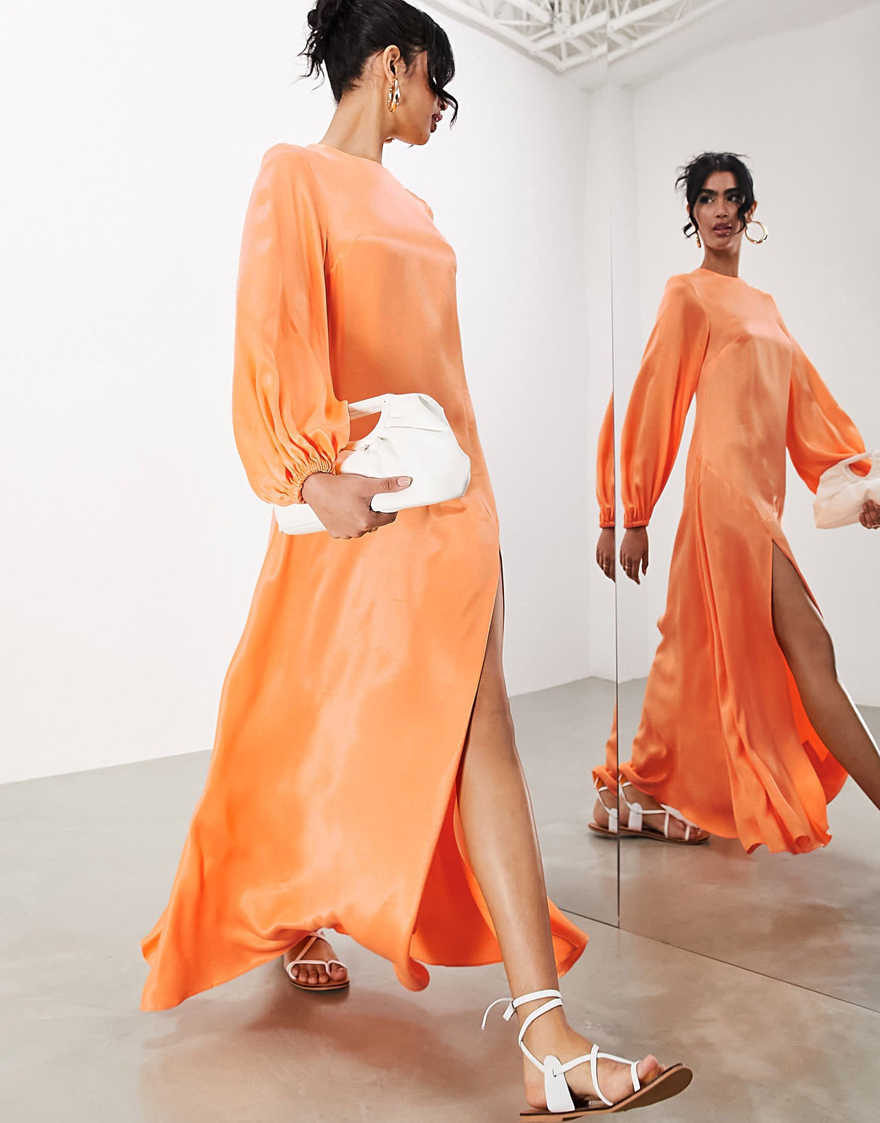 ASOS EDITION satin long sleeve maxi smock dress in orange