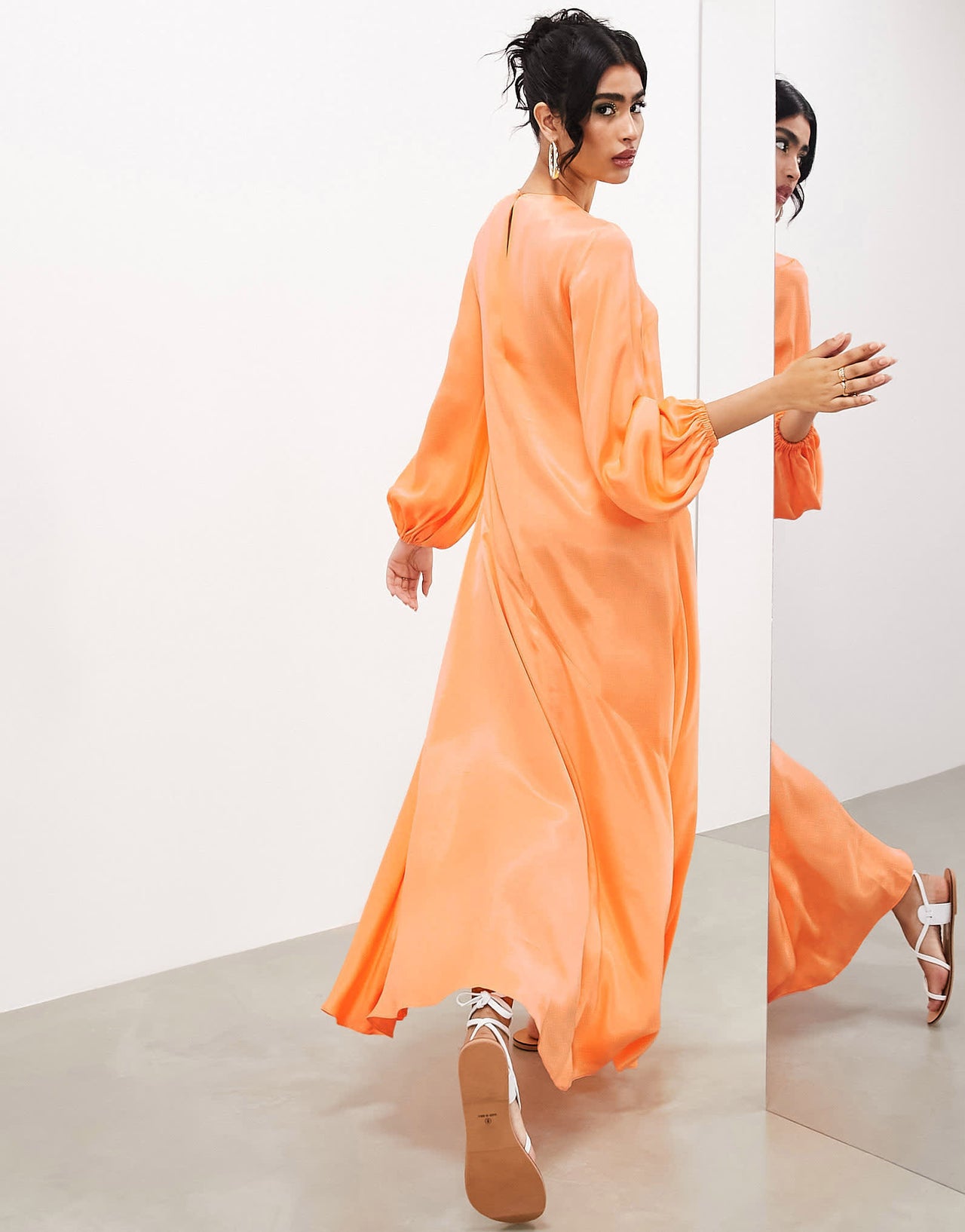 ASOS EDITION satin long sleeve maxi smock dress in orange