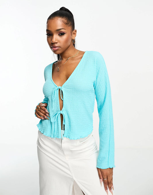 Monki plisse front tie jersey blouse in light blue