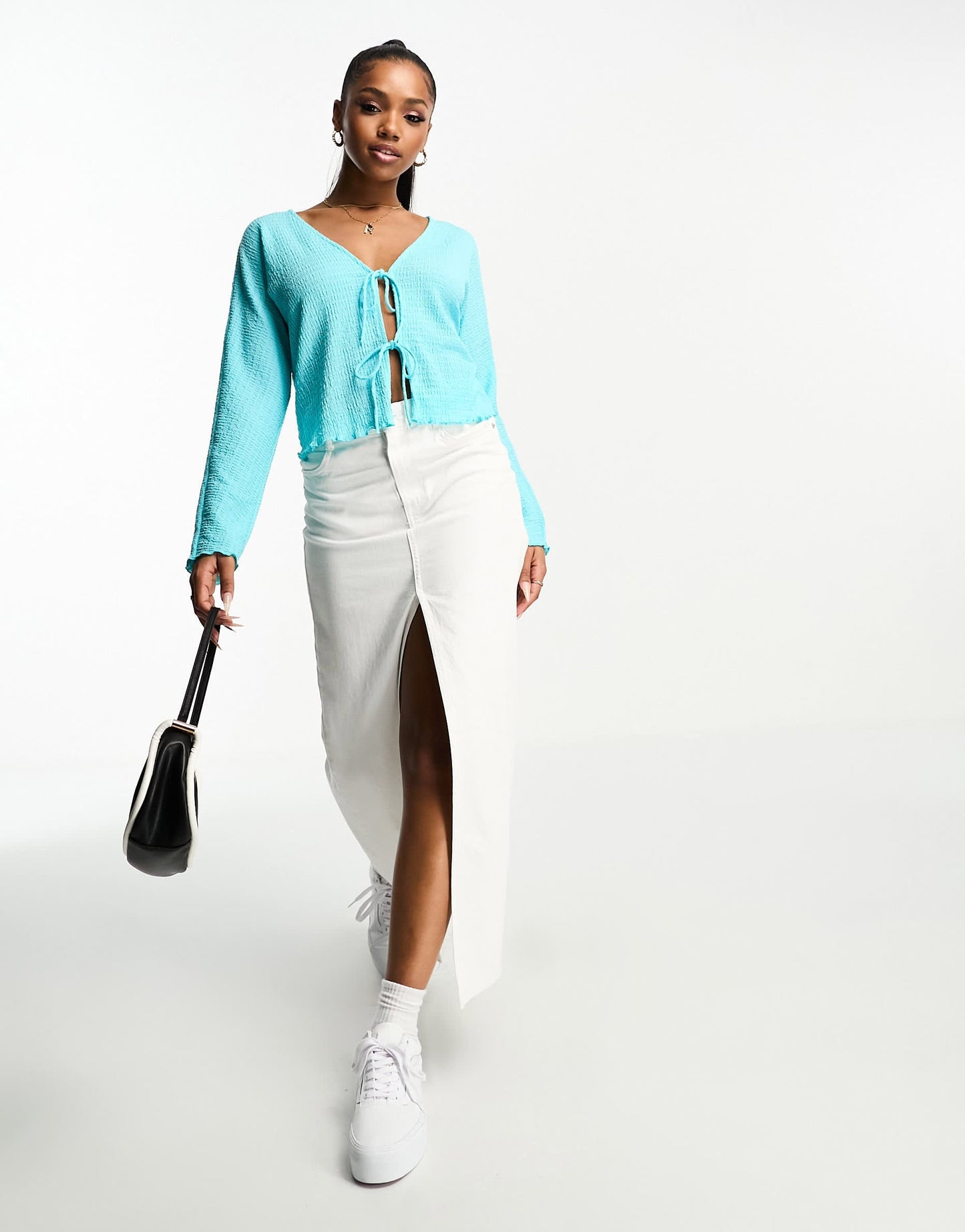 Monki plisse front tie jersey blouse in light blue