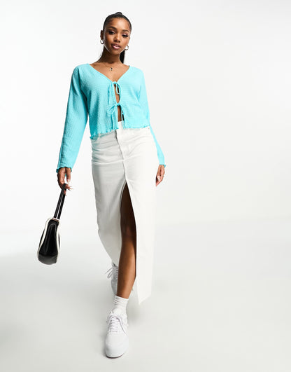 Monki plisse front tie jersey blouse in light blue