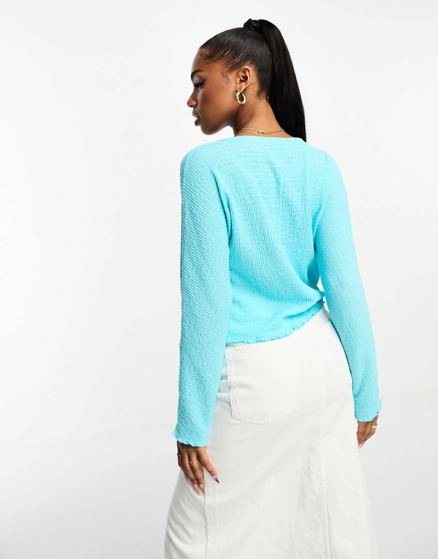 Monki plisse front tie jersey blouse in light blue