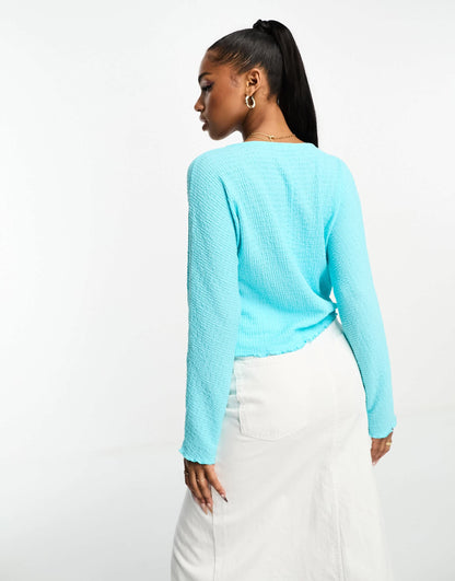 Monki plisse front tie jersey blouse in light blue