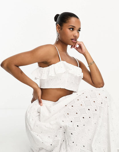 River Island Petite co-ord broderie bandeau frilly crop top in white