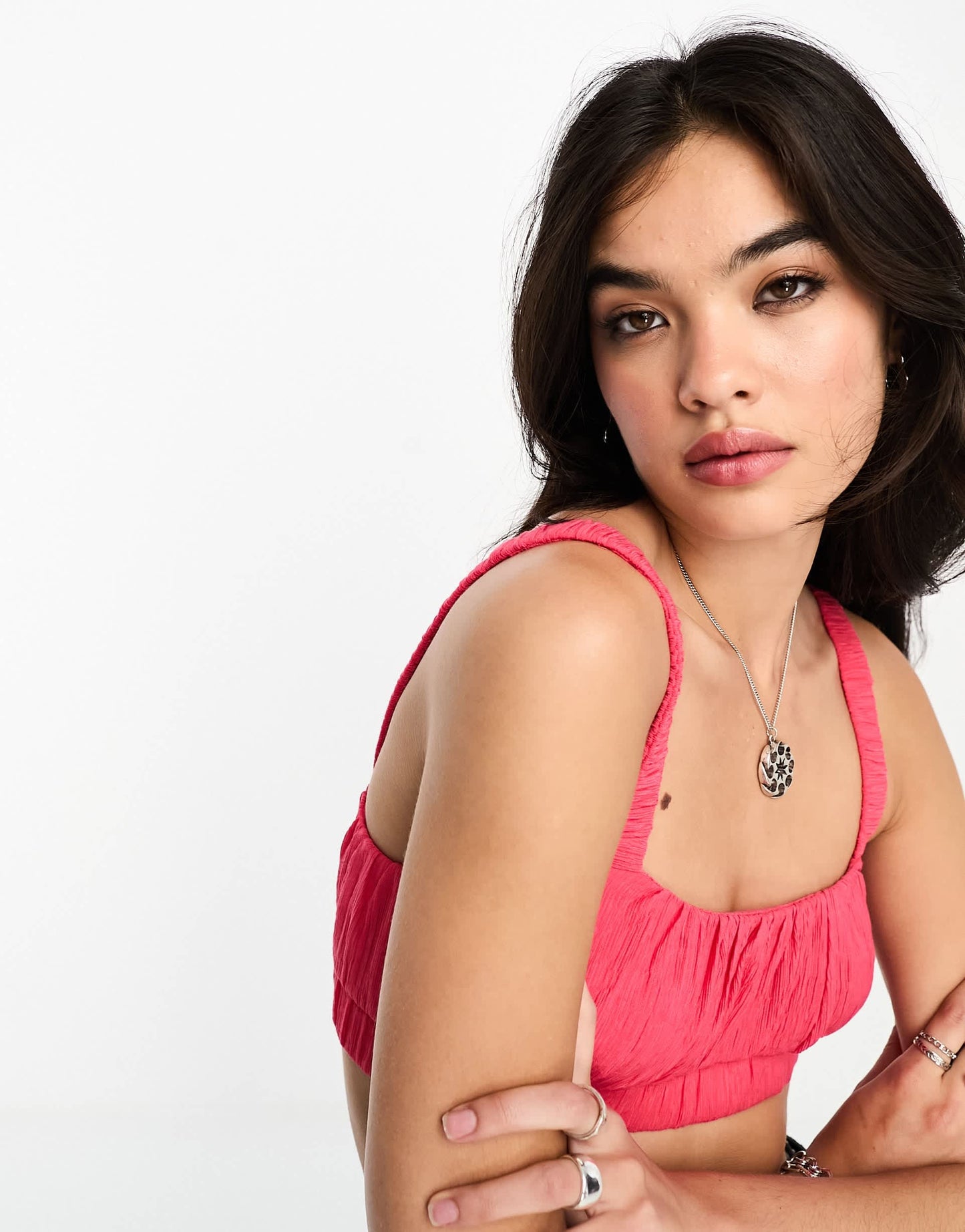 Bershka ruched crinkle bralette co-ord in bright pink
