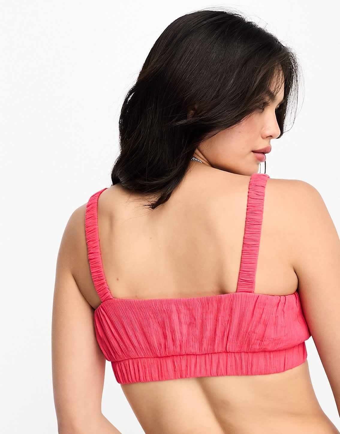 Bershka ruched crinkle bralette co-ord in bright pink