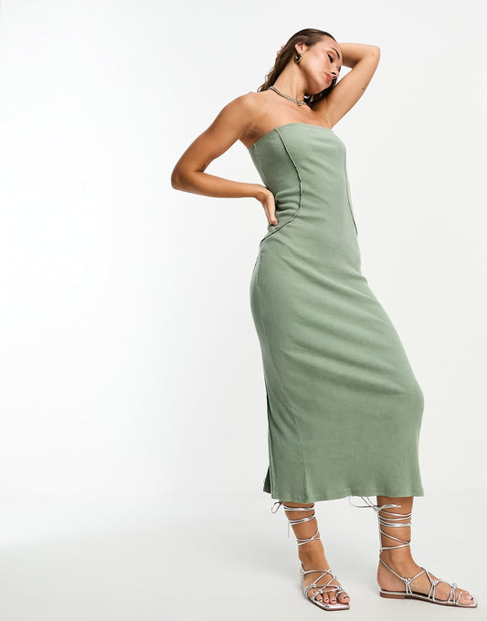 ASOS DESIGN bandeau midi dress with seam detail in washed khaki