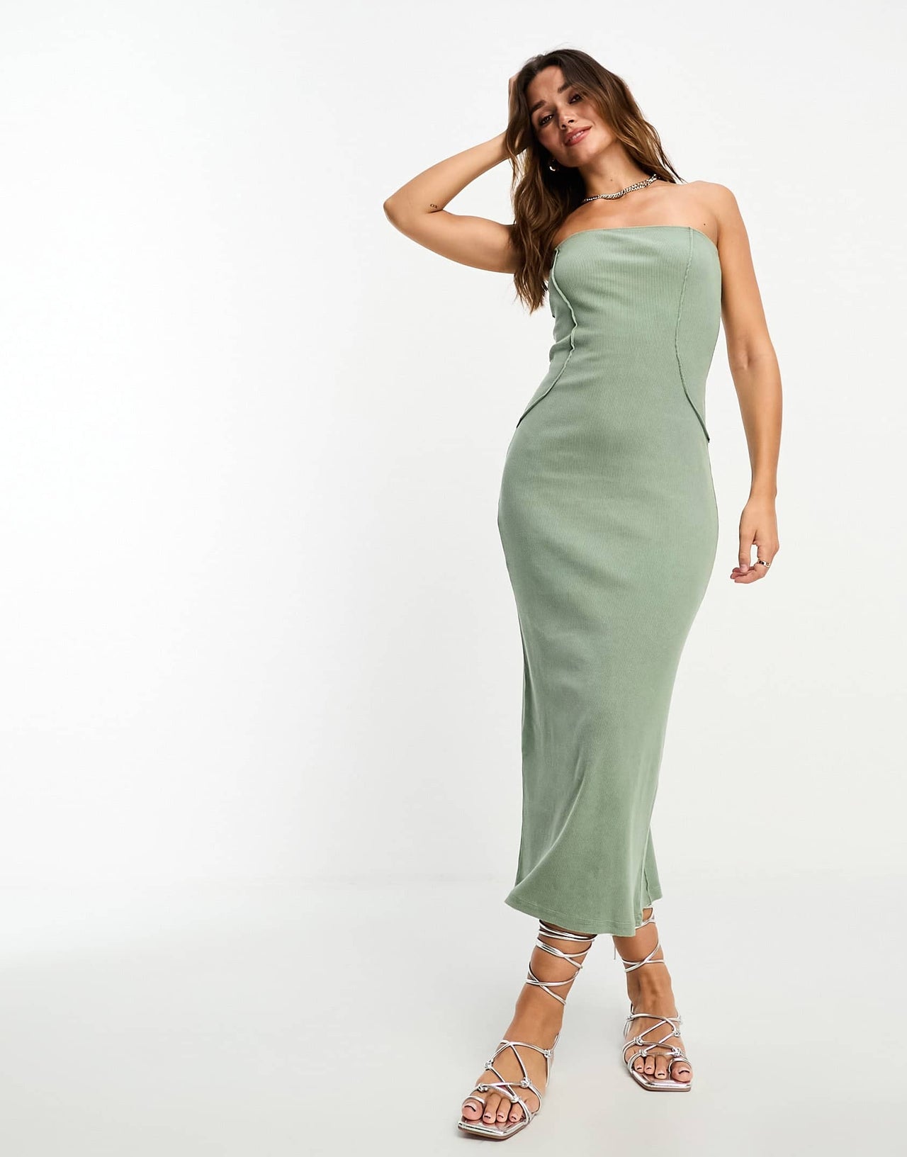 ASOS DESIGN bandeau midi dress with seam detail in washed khaki