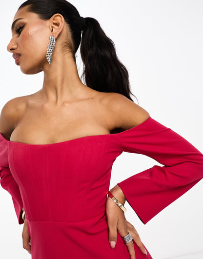 ASOS DESIGN bardot long sleeve maxi dress with corset detail in pink