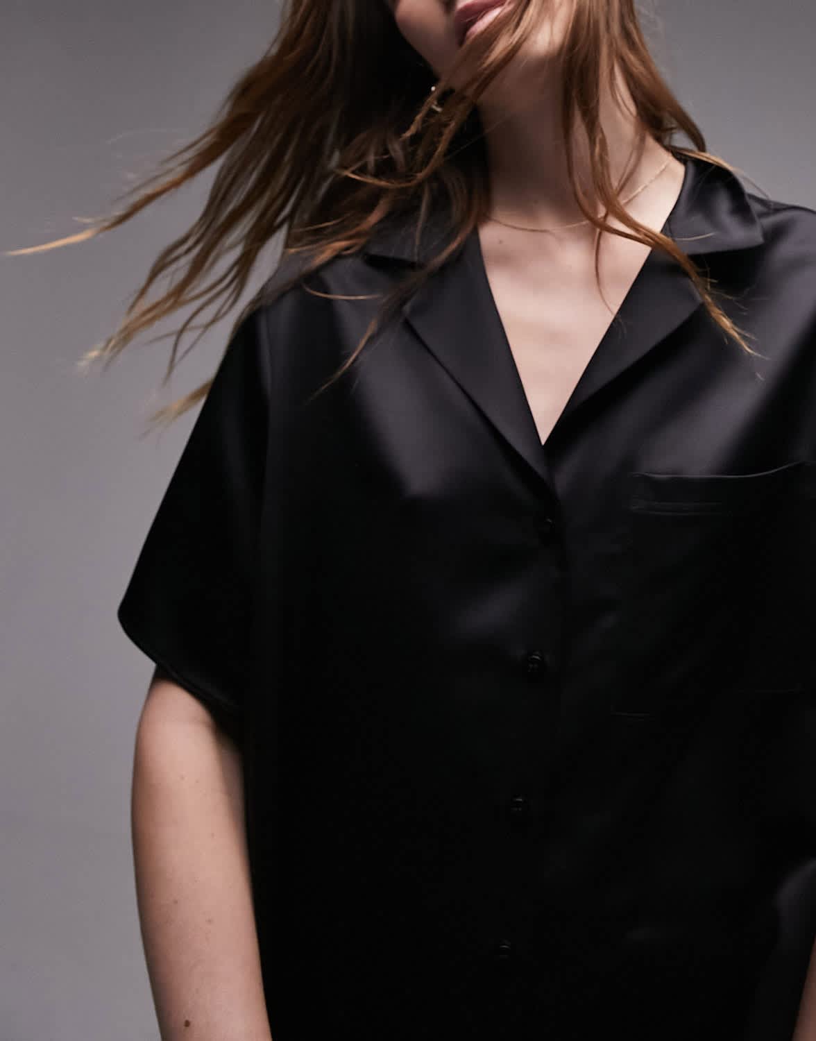 Topshop satin short sleeve shirt in black