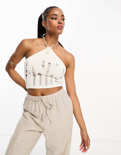 Stradivarius STR laddered halter knit top in white