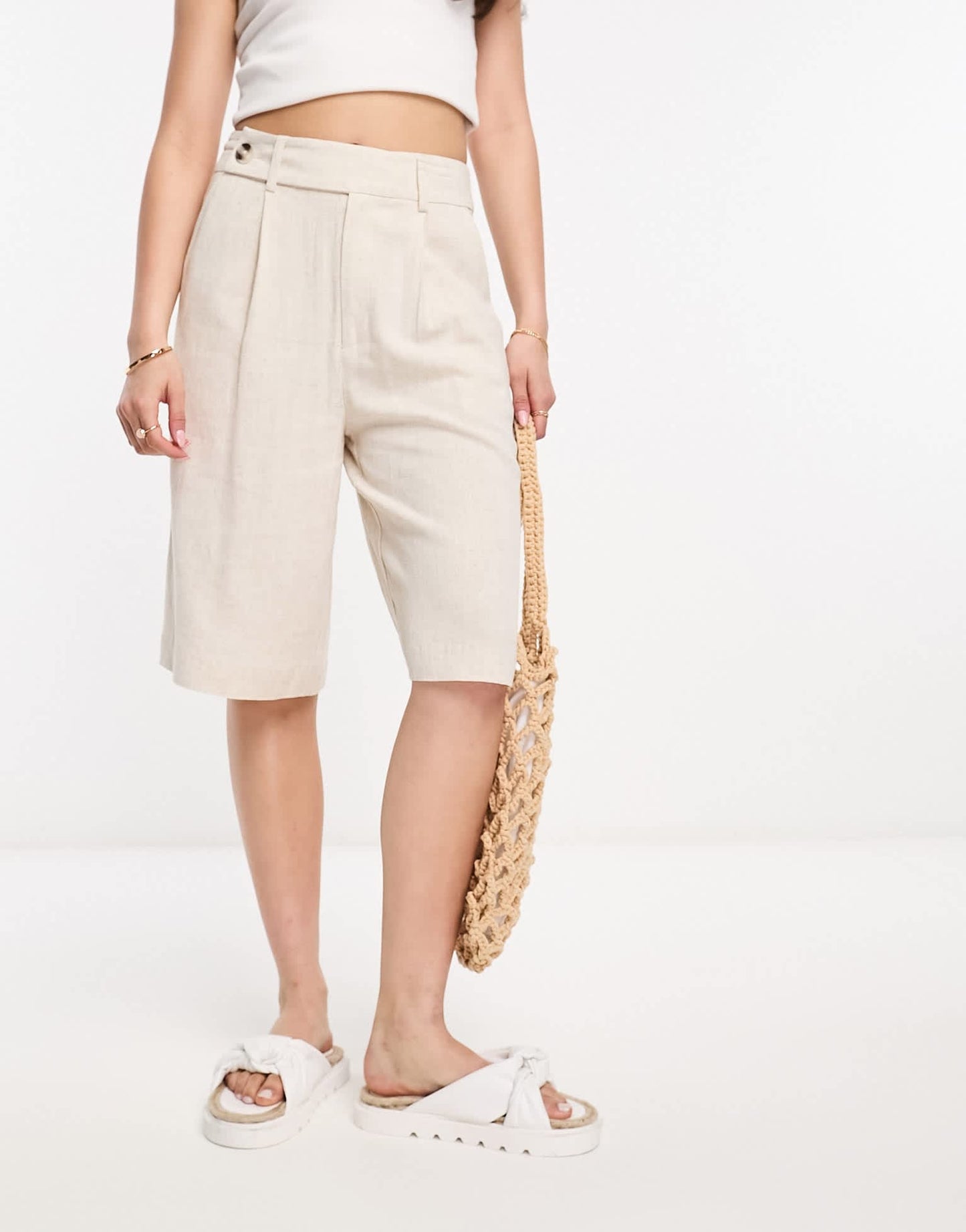Stradivarius longline linen short in natural