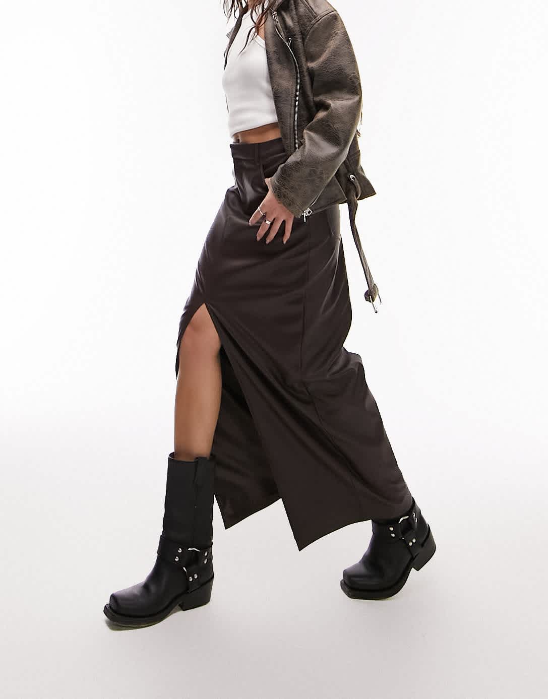 Topshop leather look denim styled maxi skirt in chocolate