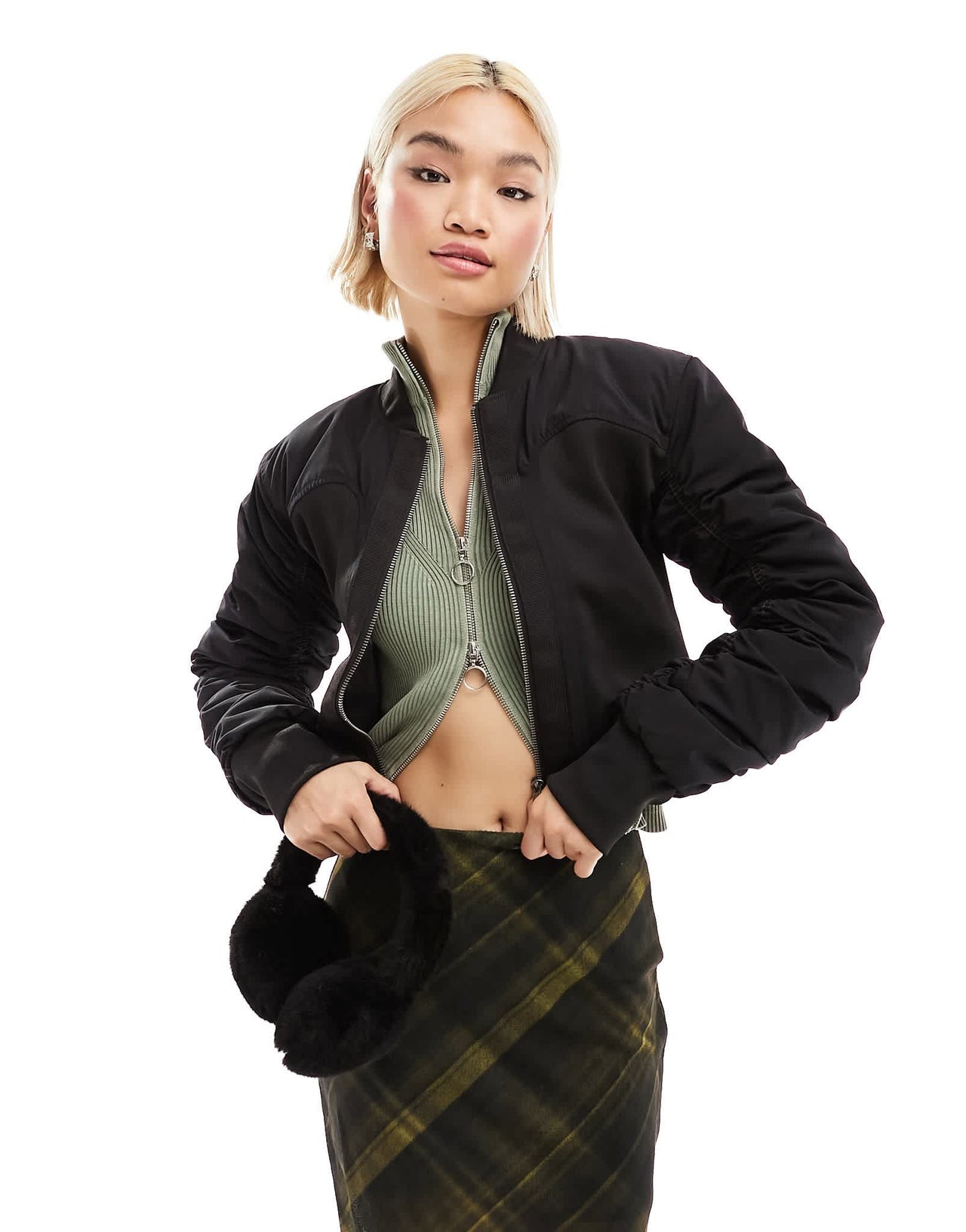 COLLUSION elasticated cropped bomber jacket in black