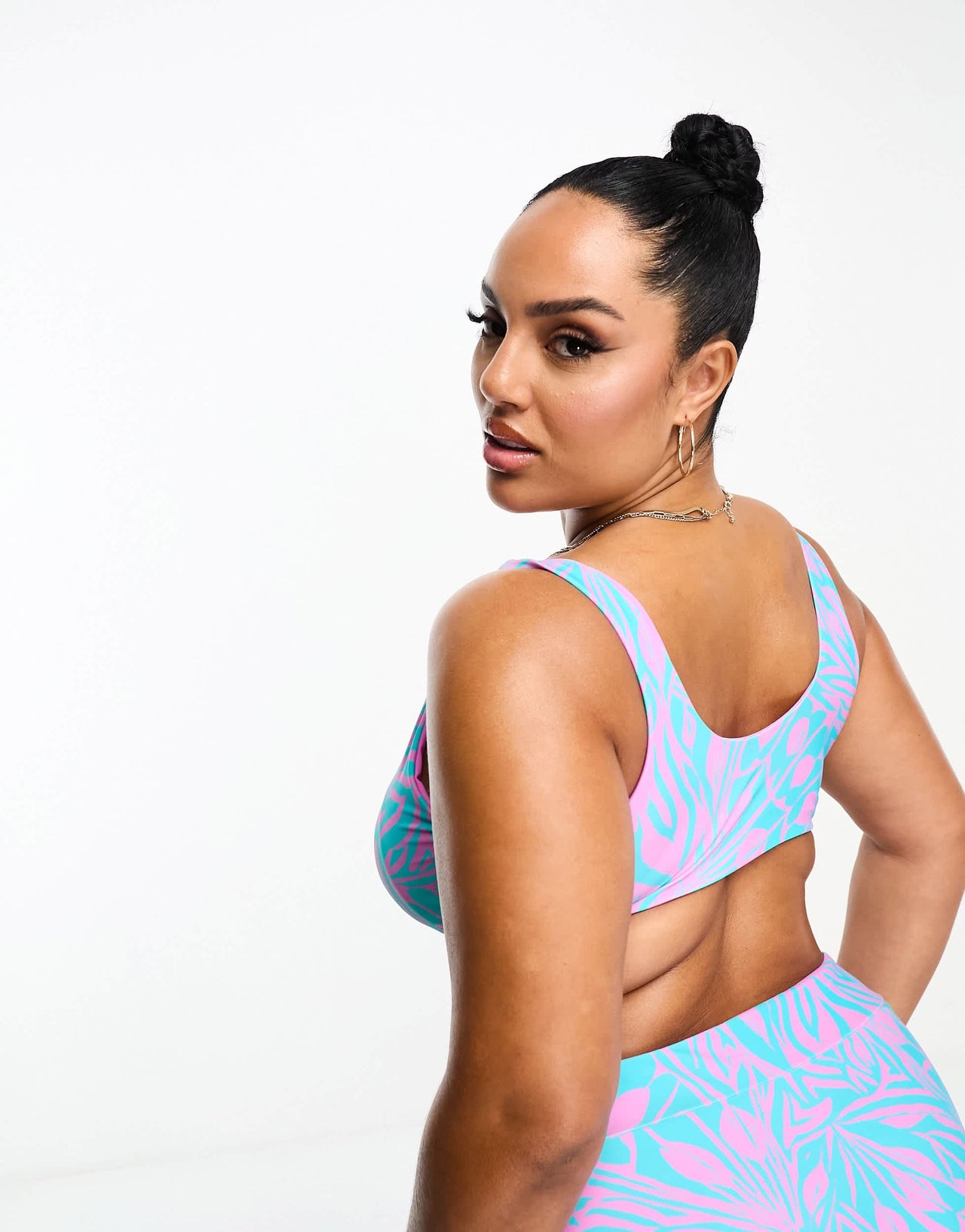 Simply Be reversible knot front bikini top in blue and pink print