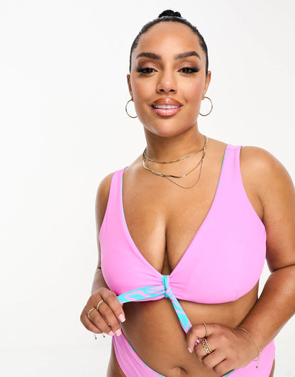 Simply Be reversible knot front bikini top in blue and pink print
